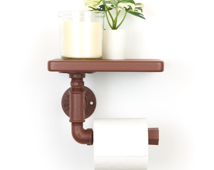 Rustic Toilet Paper Roll Holder with Shelf, Charming Farmhouse Decor, Color Pictured Rust Effect