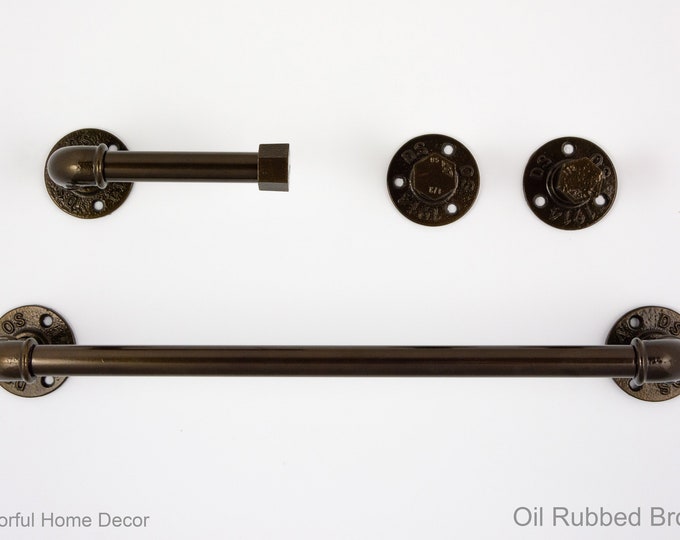Industrial Bathroom Accessories 4pcs Set, Toilet Paper Holder, Pipe Towel Holder, Pipe Hooks, Oil Rubbed Bronze Bathroom Set