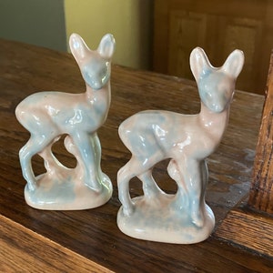 2 Vintage Deer Pottery  Figurines Modern Pink Blue Free Shipping
