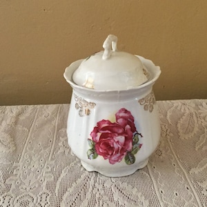 Bisquit Jar Antique White Porcelain Pink/Wine Rose Gold Trim Embossed Shabby Chic Free Shipping