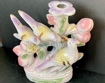 Porcelain 3 Bird Vase Figurine Gilded Accents Pastel Colors Vintage Free Shipping