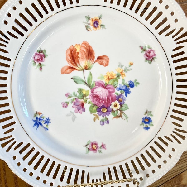 Made in Germany Plate BJZ Porcelain Vintage White Cabinet Plate w/Bright Multicolor Flowers Reticulated Gilded Scalloped Rim Free Shipping