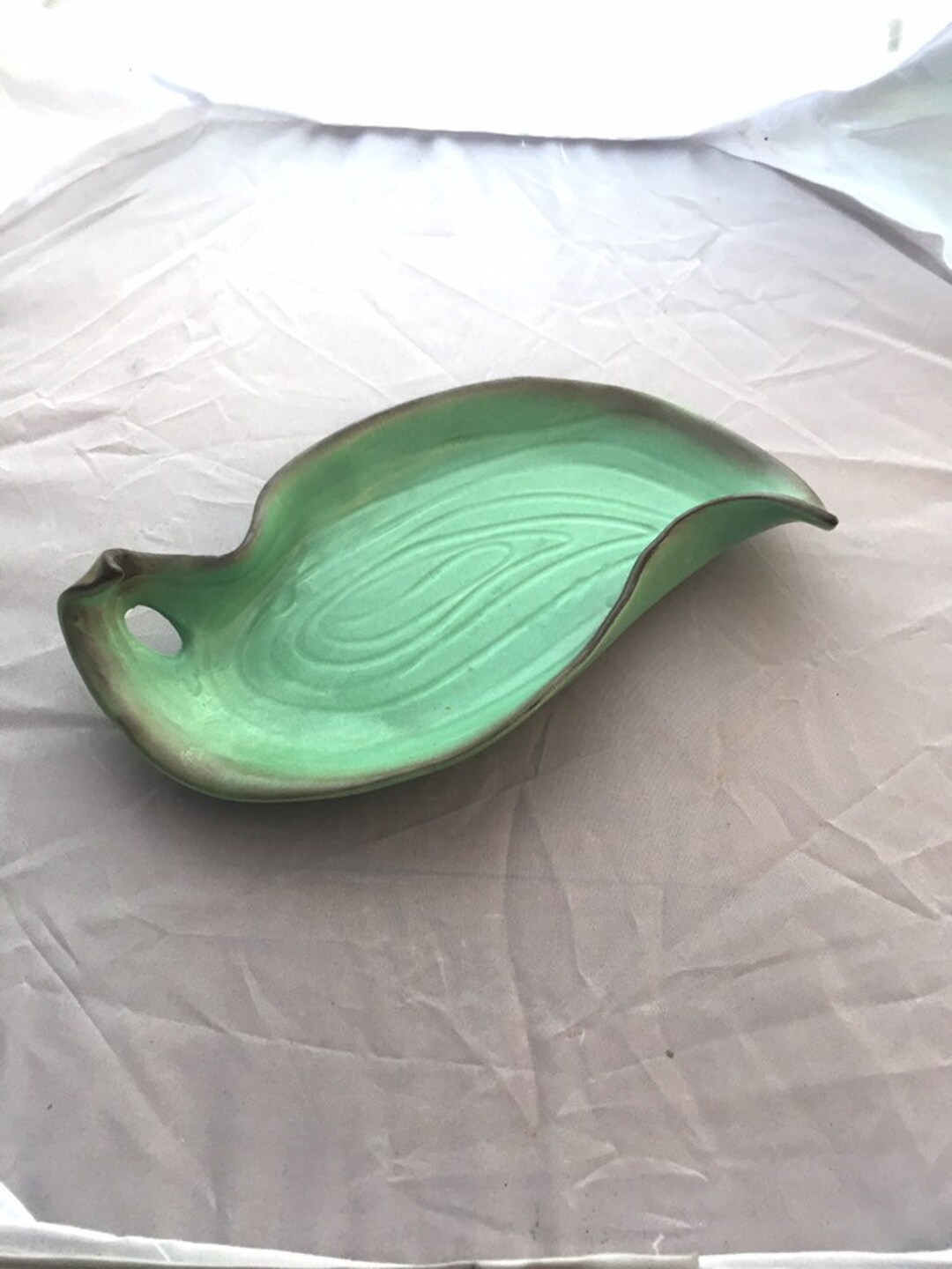 Art Pottery Green Leaf Dish Brown Edges Modern Curved Shape Etsy