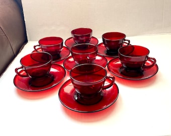 Vintage Red Ruby gLCOLOC France Cup and Saucer Set of 7 Christmas Glassware