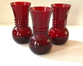 Vases (3) Royal Ruby Anchor Hocking Dark Red Vintage Ribbed Neck Christmas Decor Free Priority Mail Shipping