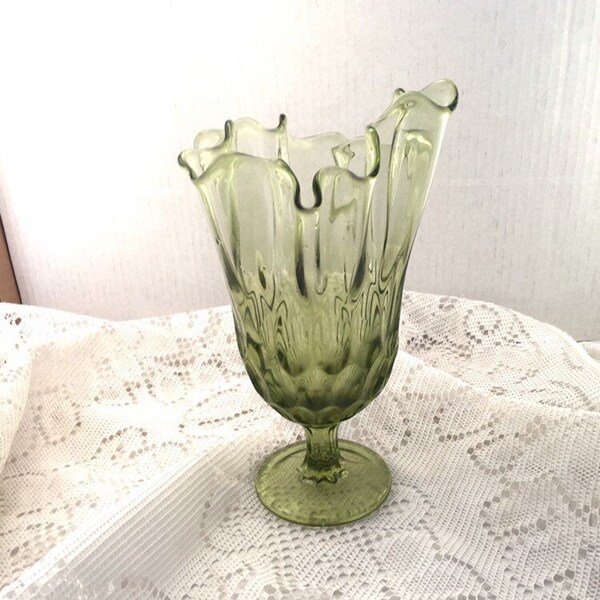 Green Glass Handkerchief Vase Footed Pedestal Olive Green Vintage Free Shipping