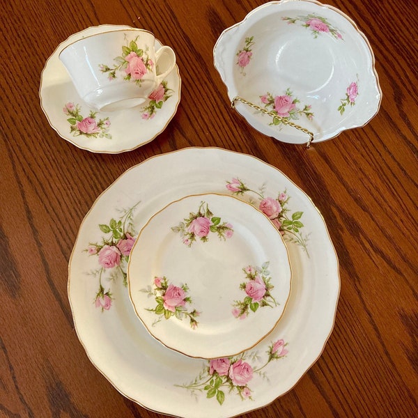 Canonsburg 22 KT Gold Dinnerware White Semi-porcelain  5 Pc  Set Pink Rose Pattern Green Leaves Gold Trim French Country Free Shipping