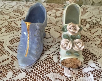 Porcelain China Shoe Vintage Figurine Pair Decorative  High Heel Shoes Powder Blue and White with Raised Roses Gilded Gold Trimink Rose