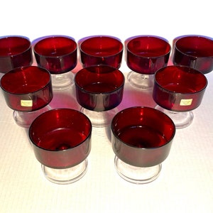 10 Ruby Red Sherbet Bowls  Luminarc Verrerie D&#39;Arques  France Custard Dessert Clear Stem Free Priority Mail Shipping