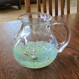Art Glass Millefiori Pitcher Stretched Cane Green & Light Blue Applied Splatter Water Lemonade Pitcher Free Priority Mail Shipping