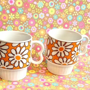 Retro Hippie Coffee Cups Stylecraft Porcelain #1204 Footed Bright Orange  Large White Flowers 60’s Style Stackable Free Shipping