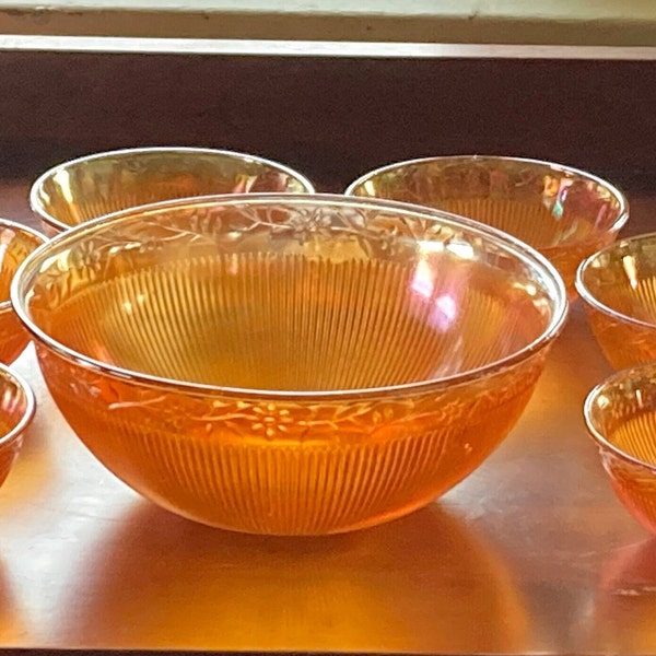 Carnival Glass Bowls 7 Pc Imperial Marigold Berry Luminescent Set Vintage Ribbed Embossed Flowers Daisies Free Priority Mail Shipping