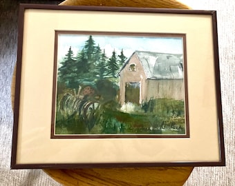 Vintage Watercolor “Minnesota Evergreens”  Farm Scene Barn Plow Blue Sky Artist Rita Ellenson  Signed Free Priority Mail Shipping