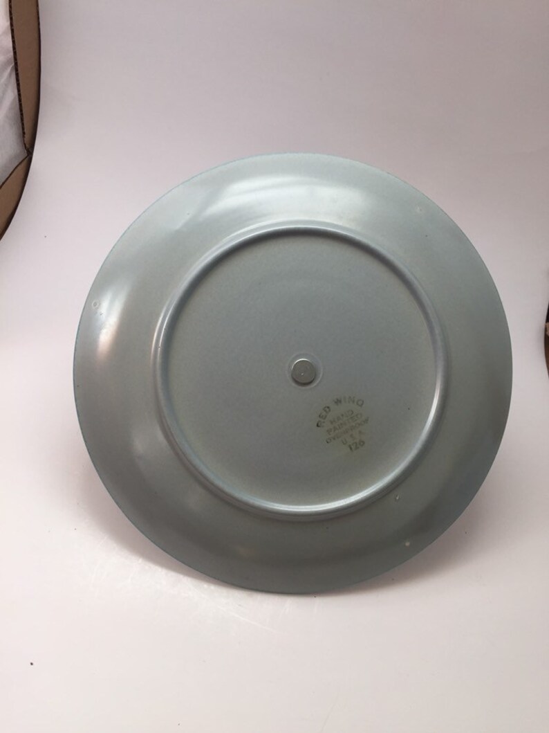 Free Shipping Red Wing USA #126 Ovenproof Round Serving Platter Plate Center Silver Tone Handle Blue Shadows Duotone Pattern Mid-Century