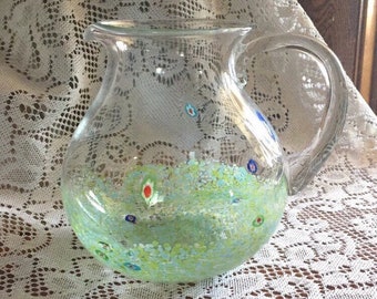 Art Glass Millefiori Pitcher Stretched Cane Green & Light Blue Applied Splatter Water Lemonade Pitcher Free Priority Mail Shipping