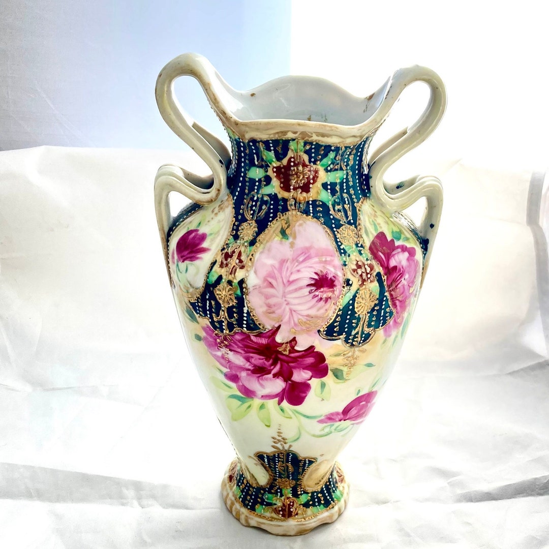 Vintage Ceramic Vase With Hand-painted Pink Flowers and Gold ...
