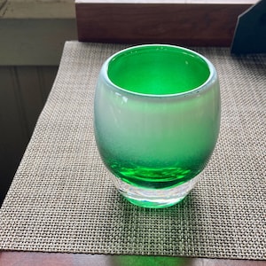 Art Glass Emerald Green with White Clear Base Votive Holder Free Priority Mail Shipping