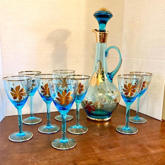 Vintage Romanian Wine Carafe Set: Blue Stemware with 22K Gold
