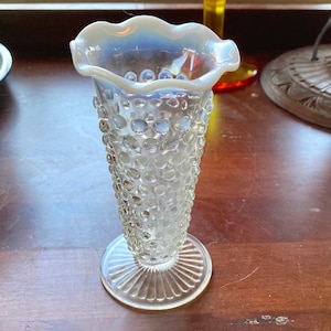 Anchor Hocking Moonstone Vase Hobnail Small Fluted Bud Vase White Clear Vintage Shabby Cottage Chic Ruffled Free Priority Mail Shipping