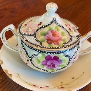 Porcelain Mustard Pot Vintage Made in Japan Hand Painted Pink Flower Purple Rose Gilded Spoon Notch White Black Dots Saucer Free Shipping