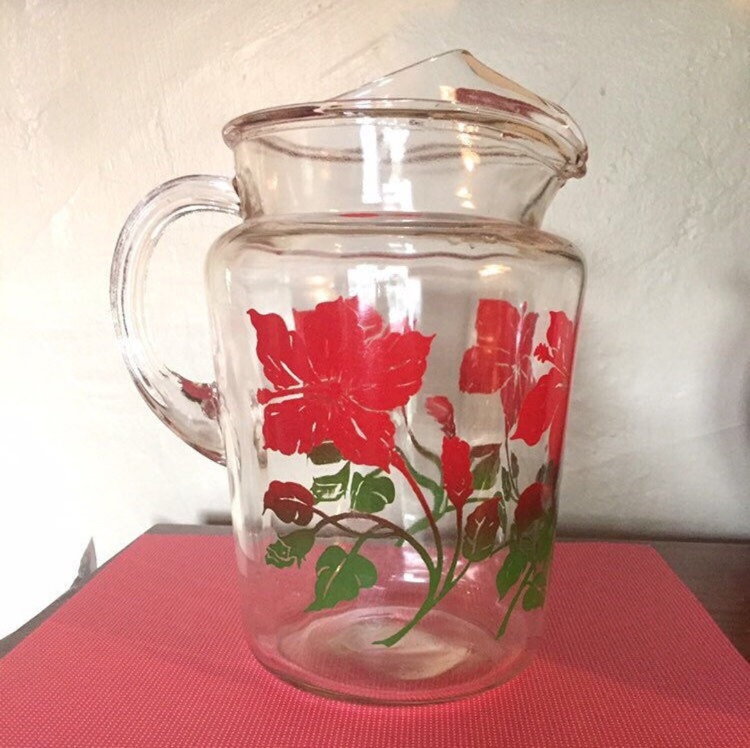 Glass Water Pitcher With Ice Spout With Brown Retro Floral 