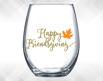 Friendsgiving Decal Gold writing with orange leaf - Thanksgiving decals - Holiday Vinyl Sticker for wine glasses, tumblers, etc DECAL only