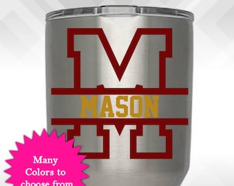Custom Initial and Name Decal - Athletic University Style Font | Vinyl Decal for Tumblers, Wine Glass, Beer Mugs and More