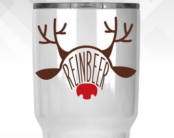 ReinBeer - Holiday Vinyl Sticker - Funny Wine Glass, Tumbler, Reindeer Christmas Decal Decoration Gift
