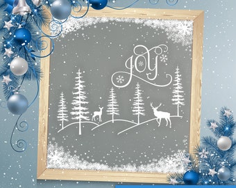 Joy with winter nature scene - Christmas deer - Holiday Vinyl Sticker - Decal | Holiday Craft Shadow box