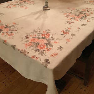 Lovely vintage printed tablecloth, Linen, orange and gray, 1950 era