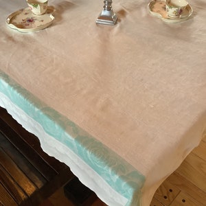 1950 Vintage Light Linen tablecloth, light turquoise border