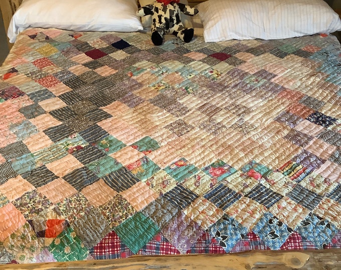 Antique 1930 Quilt, Completely Hand Made and Quilted, Shown on a King