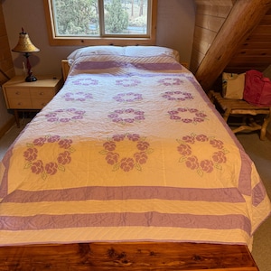 Antique 1950 Hand Embroidered and Hand Quilted Lavender and Crème quilt. Beautiful!