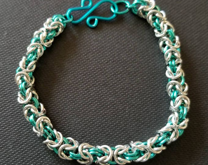 Byzantine Silver and Teal Chain Maille Bracelet; Teal and Silver Bracelet; Gift for Her; Chain Maille Bracelet; Silver Bracelet