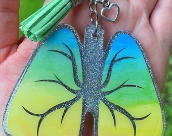 Watercolor Lungs Glittered Keychain with Heart Charm and Tassel, Bag Pull, Purse Charm, Ready to Ship