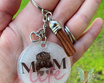 Mom Life Handmade Acrylic Glittered Keychain, Leopard Print, Bag Charm, Zipper Charm