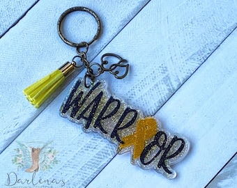 Yellow Ribbon Warrior Glittered Acrylic Keychain, Bag Pull, Bag Charm, Childhood Cancer Awareness