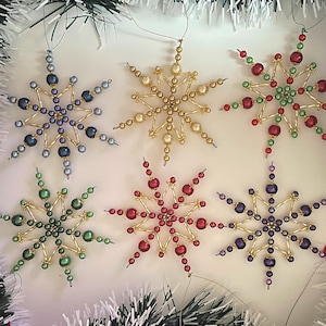 Wire snowflake Christmas tree decoration, small handmade xmas beaded ornament