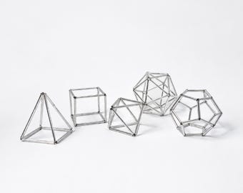 Set of 5 Sacred Geometry Platonic Solids, Handmade Chakra Hanging Decor, Tetrahedron Cube Octahedron Icosahedron Dodecahedron