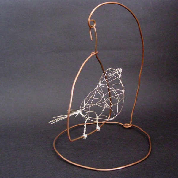 Wire bird *Pippi* with swinging copper stand, 3D wire sculpture, wire art, cute canary home decor, shabby chic, one of a kind, unique gift