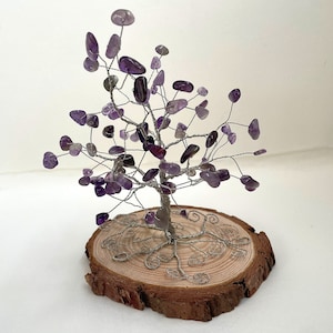 Amethyst tree sculpture, natural gemstones on twisted wire