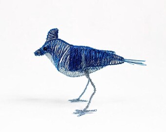 Wire Blue Jay Sculpture, Handmade Wildlife Art Bird Decoration