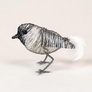 May include: A bird sculpture crafted from thin black and silver wire, featuring a dark head, a rounded body with layered wire detailing, two wire legs with clawed feet, and a single white feather extending from the tail area of the figure.