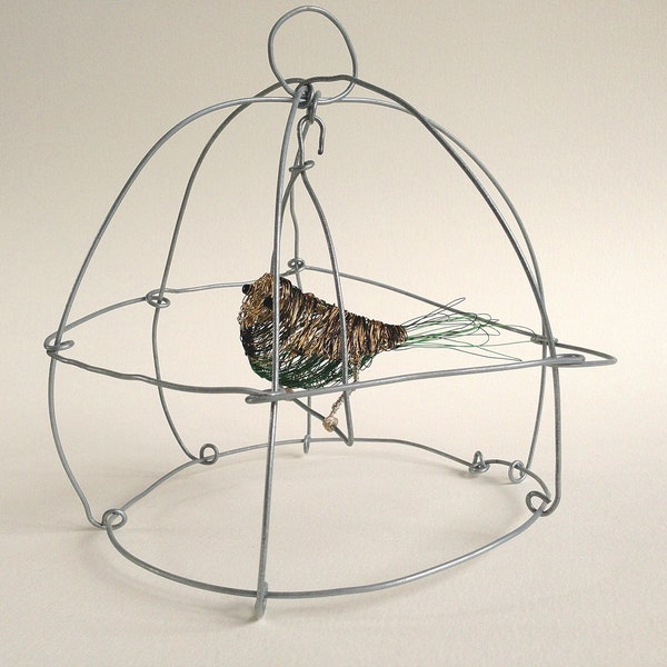 Wire bird *Titan* in steel cage with swing, twisted budgie sculpture, bird art, unique home decor, swinging caged bird, unique wedding gift