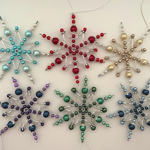 Wire snowflake Christmas tree decoration, small handmade xmas beaded ornament
