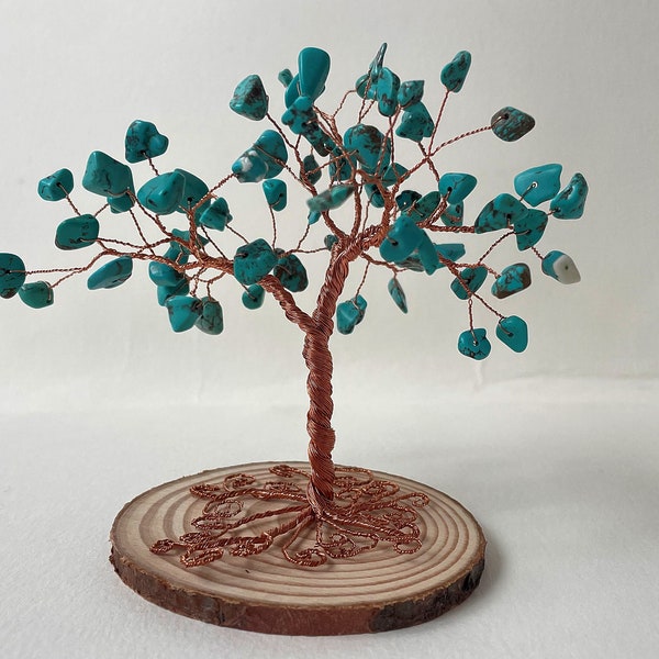 Turquoise tree sculpture, natural gemstones on twisted wire