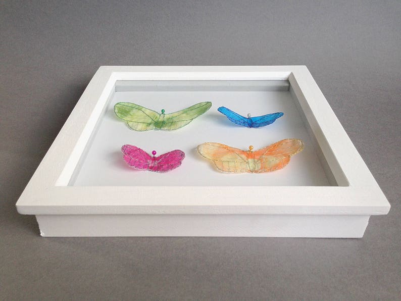 Embroidered butterflies in a wodden frame shabby chic handmade personalised gift specimen board modern wall decals 3d wall art