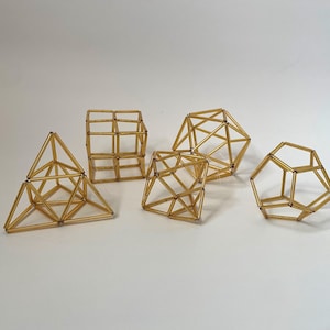 Platonic solids set: tetrahedron, hexahedron, octahedron, dodecahedron, icosahedron and Merkaba star