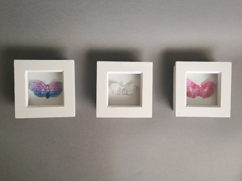 Embroidered butterflies in a wodden frame shabby chic handmade personalised gift specimen board modern wall decals 3d wall art