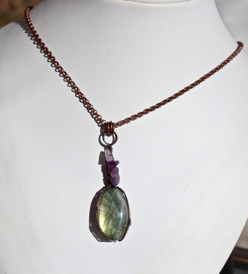 Droplet of Labradorite Heady Wire Wrap Pendant with Amethyst Copper Chain endant Copper Wire Wrapped Cabochon
